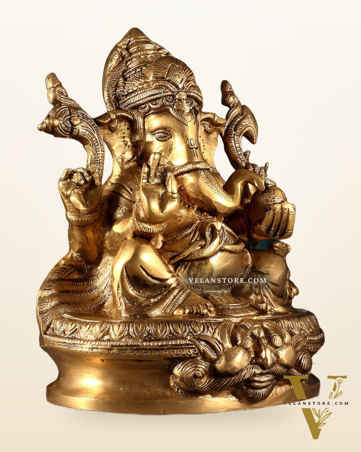 Pure Brass Unique Lord Ganesha Idol with Kirtimukha Engraved Base – 8 Inch