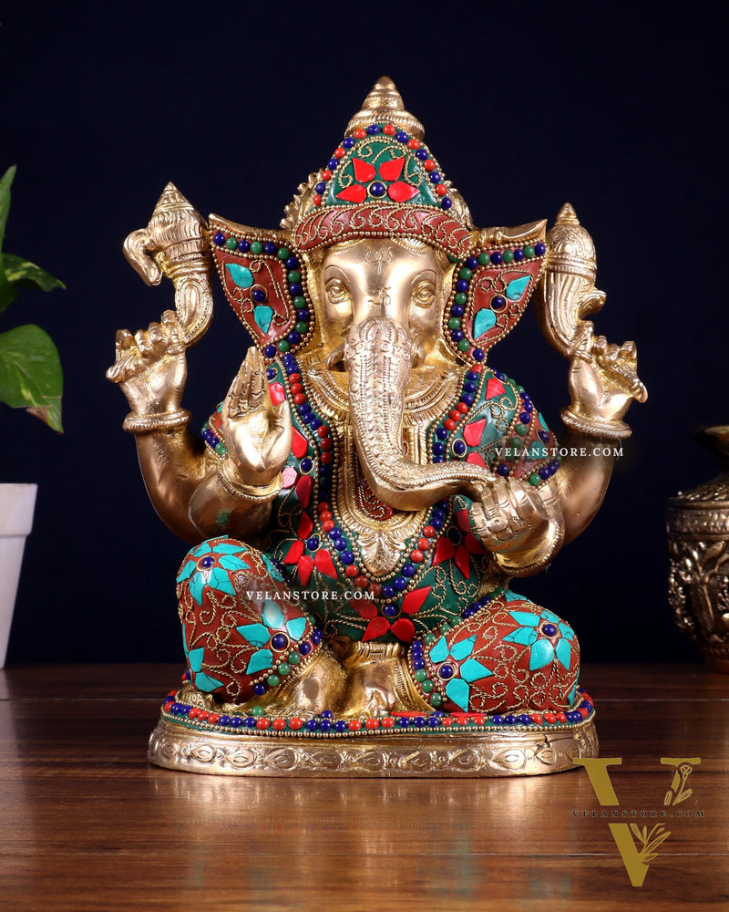 Pure Brass Unique Lord Ganesha Statue with Floral Stonework 9 inch
