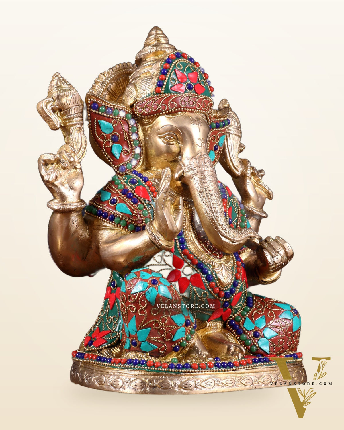 Pure Brass Unique Lord Ganesha Statue with Floral Stonework 9 inch