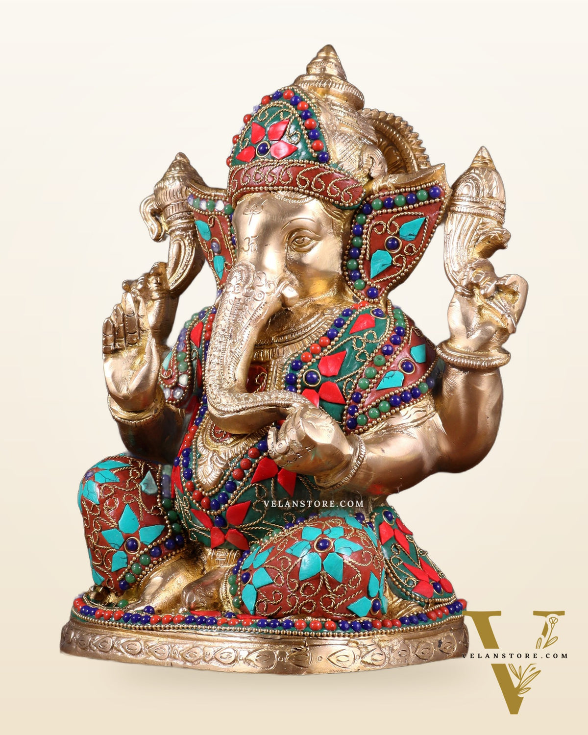 Pure Brass Unique Lord Ganesha Statue with Floral Stonework 9 inch