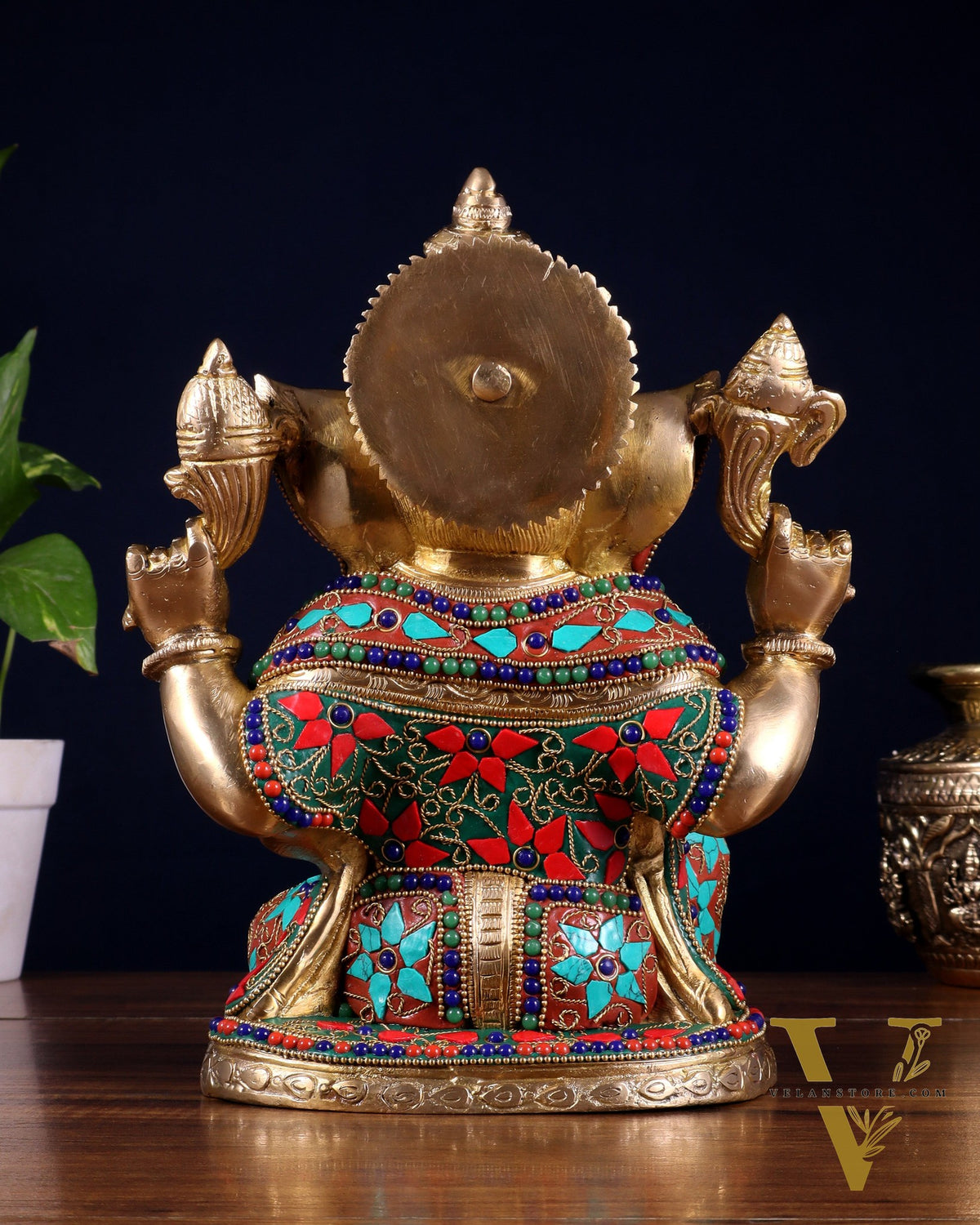 Pure Brass Unique Lord Ganesha Statue with Floral Stonework 9 inch