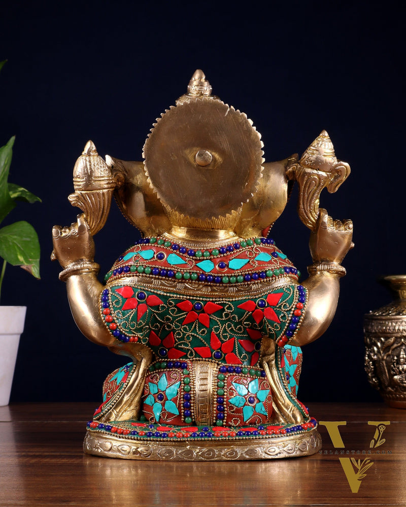 Pure Brass Unique Lord Ganesha Statue with Floral Stonework 9 inch