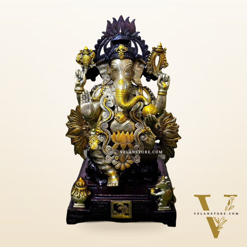 Pure Brass Unique Lotus Ganapati Sculpture | 25"