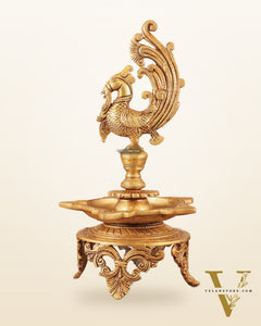 Pure Brass Unique Peacock Annam Pakshi Oil Lamp - 13.5"