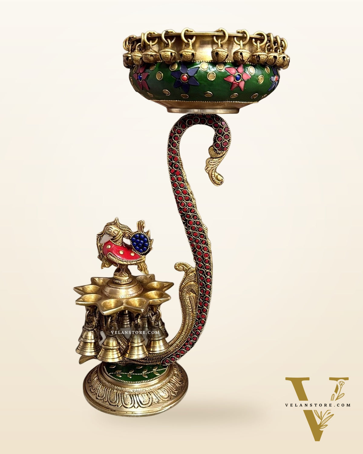 Pure Brass Unique Urli with Peacock Diyas and Stonework 15"