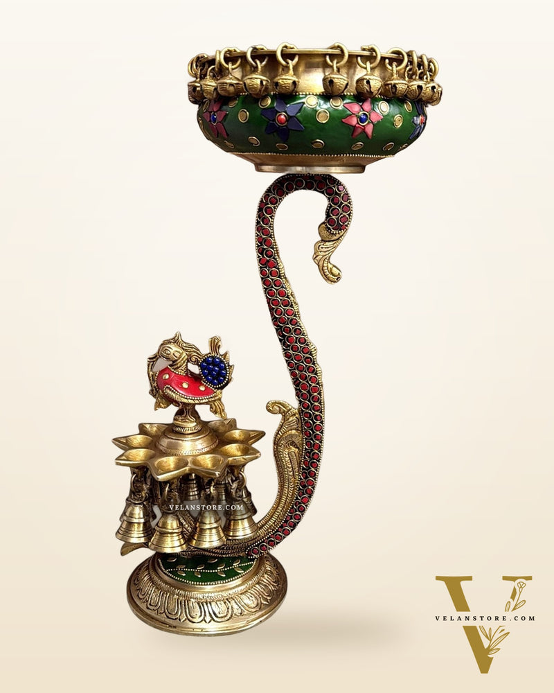 Pure Brass Unique Urli with Peacock Diyas and Stonework 15"