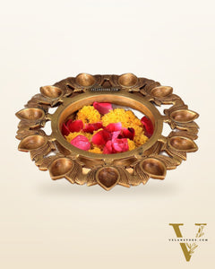 Pure Brass Urli Bowl with 11 Lotus Diyas – 9.5” x 9.5” x 2.5”