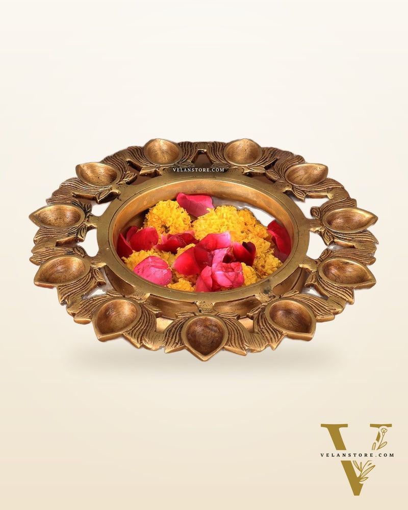 Pure Brass Urli Bowl with 11 Lotus Diyas – 9.5” x 9.5” x 2.5”