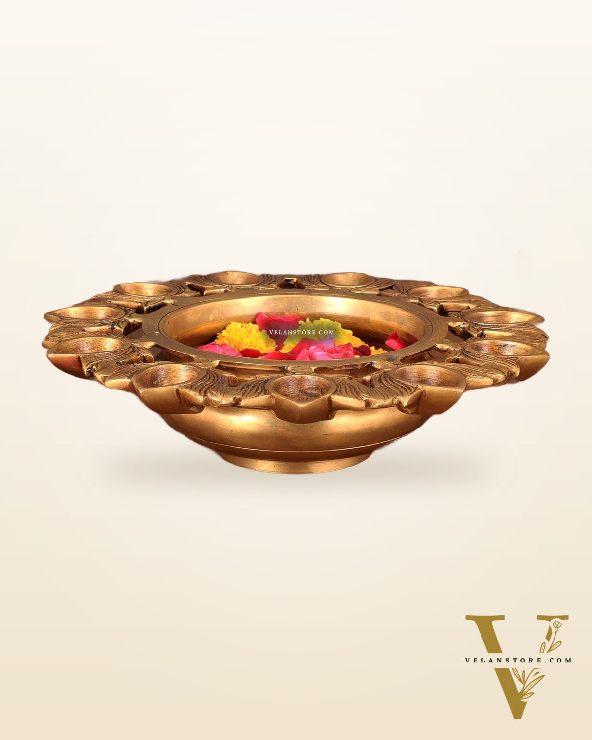 Pure Brass Urli Bowl with 11 Lotus Diyas – 9.5” x 9.5” x 2.5”
