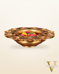 Pure Brass Urli Bowl with 11 Lotus Diyas – 9.5” x 9.5” x 2.5”