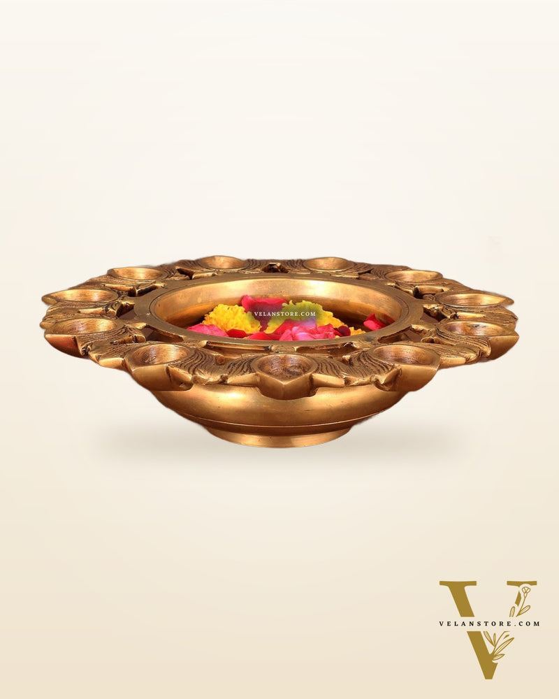 Pure Brass Urli Bowl with 11 Lotus Diyas – 9.5” x 9.5” x 2.5”
