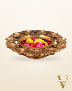 Pure Brass Urli Bowl with 11 Lotus Diyas – 9.5” x 9.5” x 2.5”