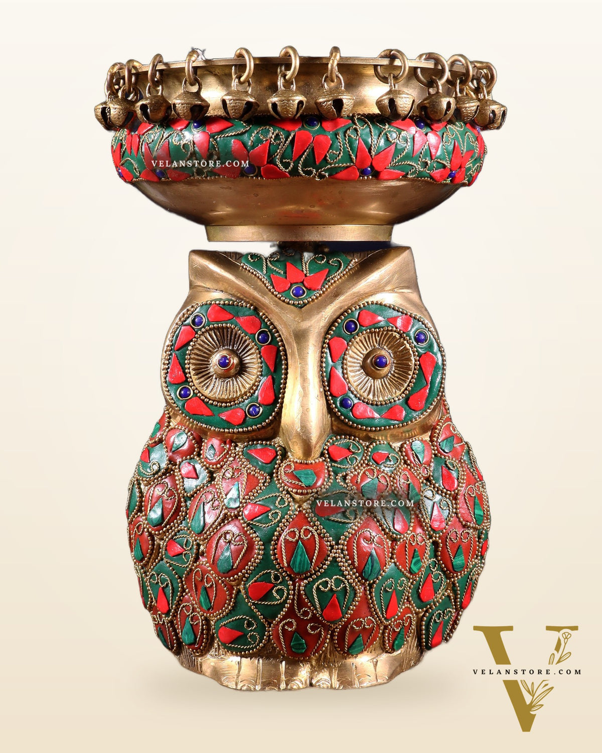 Pure Brass Urli Bowl with Large Owl – Adorned with Stonework | Unique Gift & Home Accent