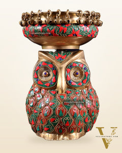 Pure Brass Urli Bowl with Large Owl – Adorned with Stonework | Unique Gift & Home Accent