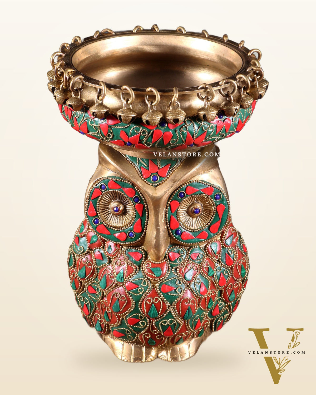 Pure Brass Urli Bowl with Large Owl – Adorned with Stonework | Unique Gift & Home Accent