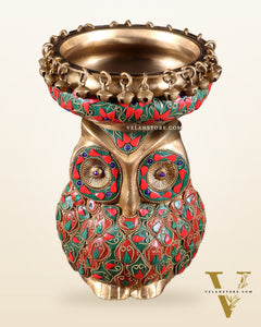 Pure Brass Urli Bowl with Large Owl – Adorned with Stonework | Unique Gift & Home Accent