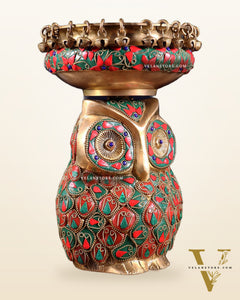 Pure Brass Urli Bowl with Large Owl – Adorned with Stonework | Unique Gift & Home Accent