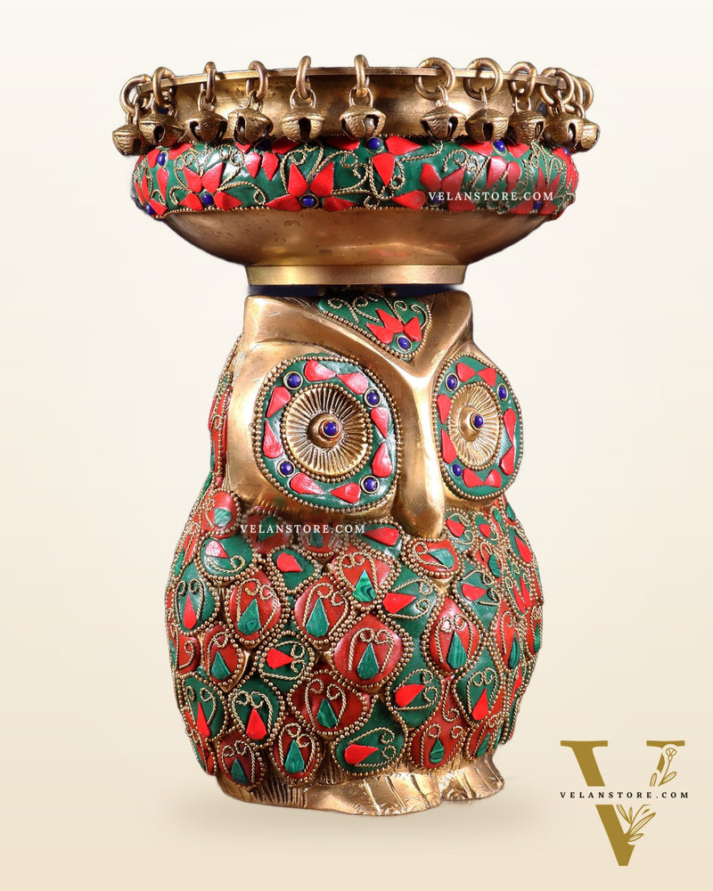 Pure Brass Urli Bowl with Large Owl – Adorned with Stonework | Unique Gift & Home Accent