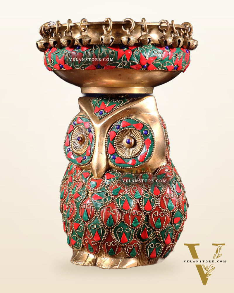 Pure Brass Urli Bowl with Large Owl – Adorned with Stonework | Unique Gift & Home Accent