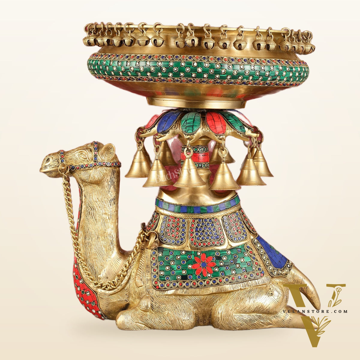 Pure Brass Urli on Camel's Back with Meenakari Stonework - 16 Inch