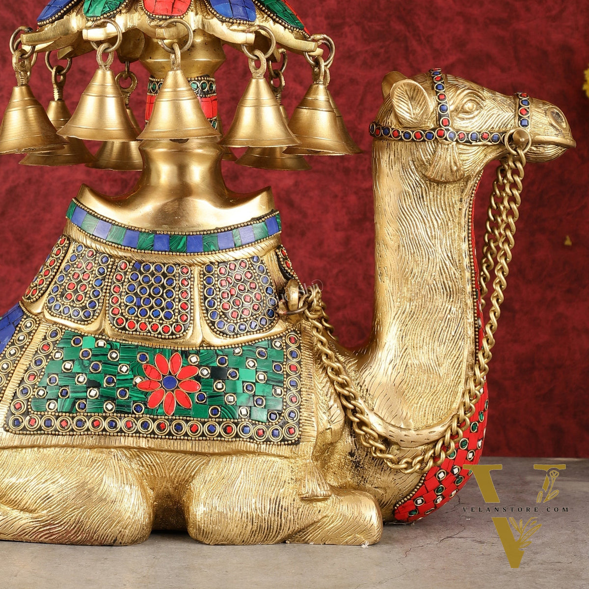 Pure Brass Urli on Camel's Back with Meenakari Stonework - 16 Inch