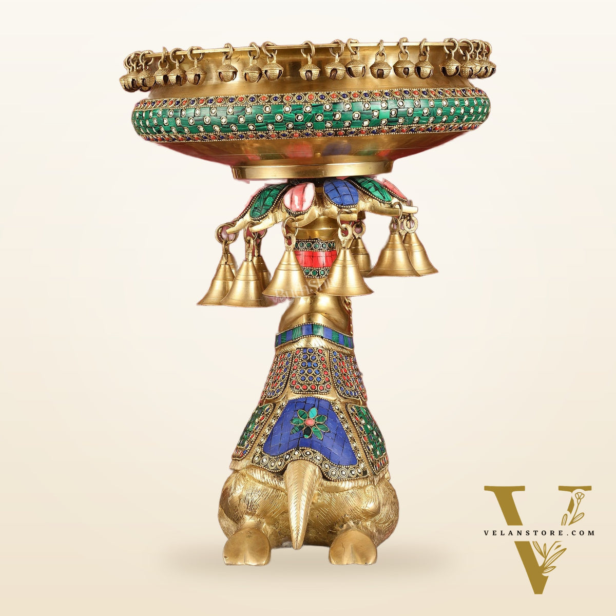 Pure Brass Urli on Camel's Back with Meenakari Stonework - 16 Inch