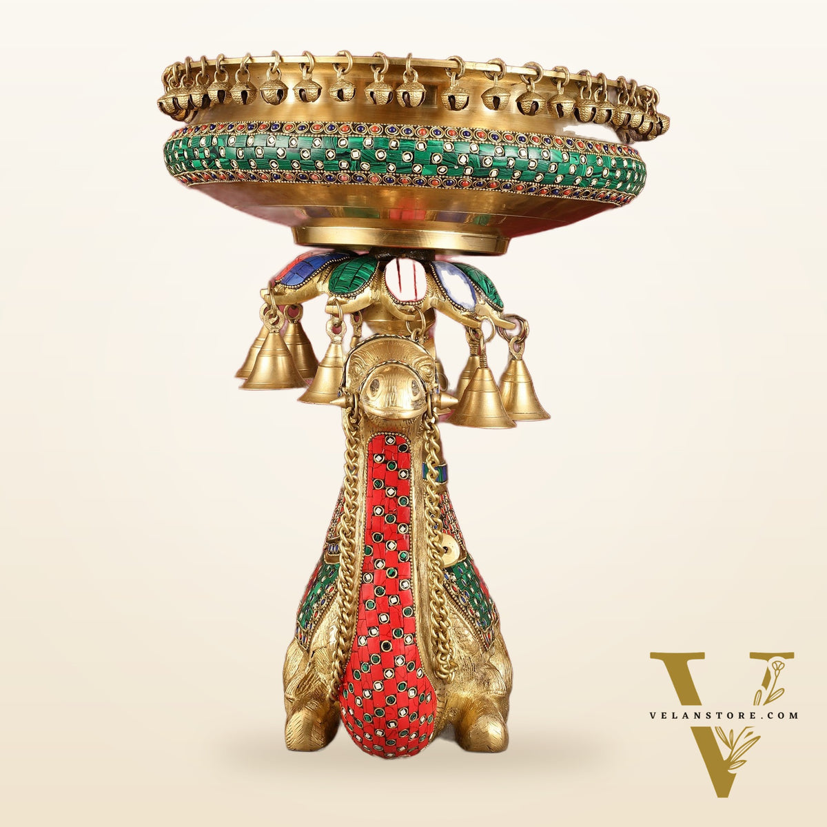 Pure Brass Urli on Camel's Back with Meenakari Stonework - 16 Inch