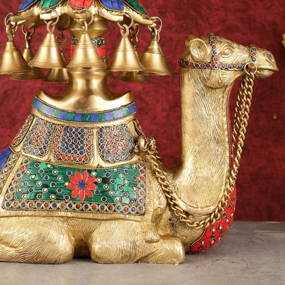 Pure Brass Urli on Camel's Back with Meenakari Stonework - 16 Inch