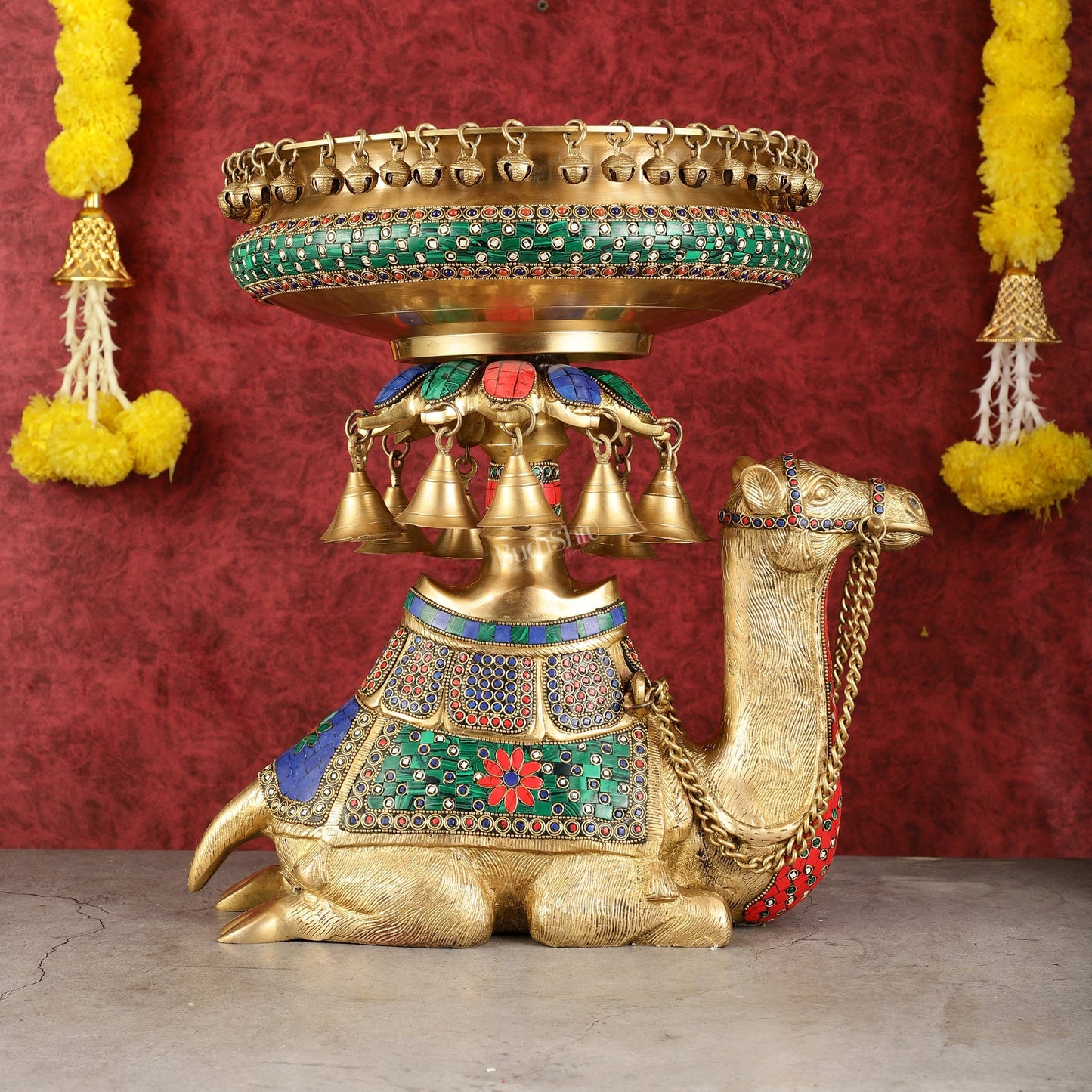 Pure Brass Urli on Camel's Back with Meenakari Stonework - 16 Inch