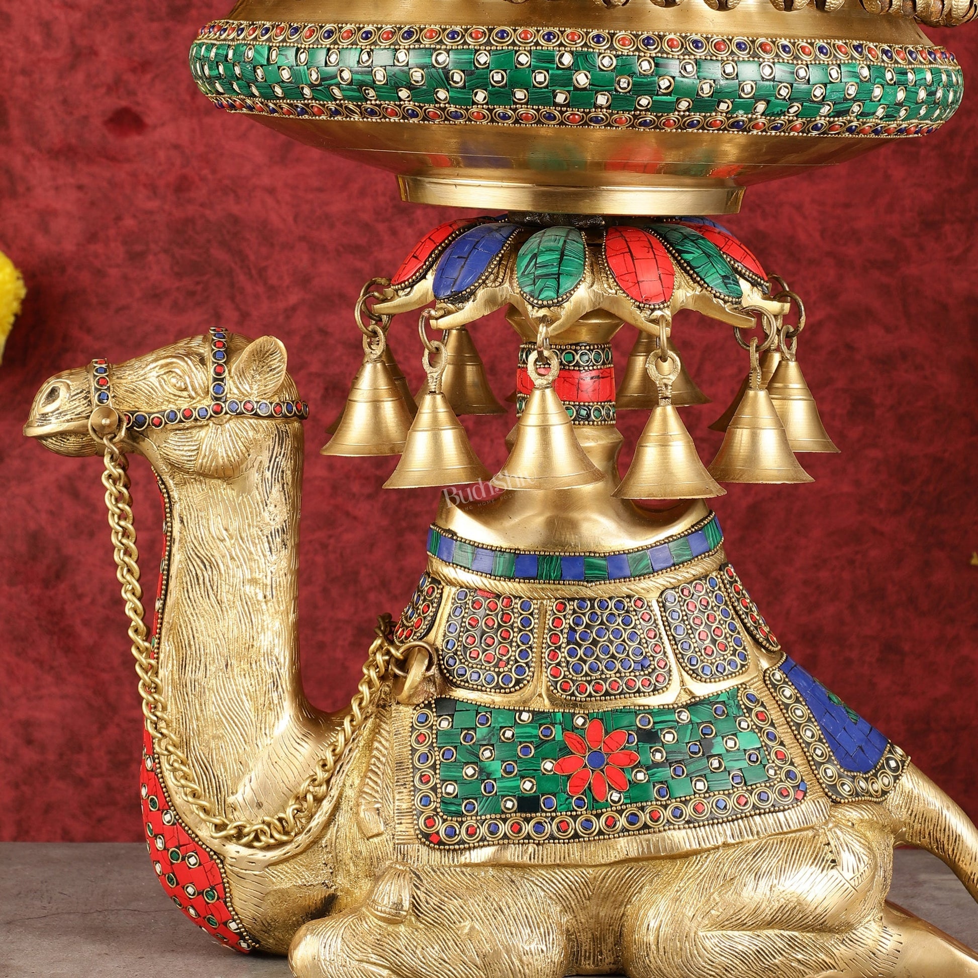 Pure Brass Urli on Camel's Back with Meenakari Stonework - 16 Inch