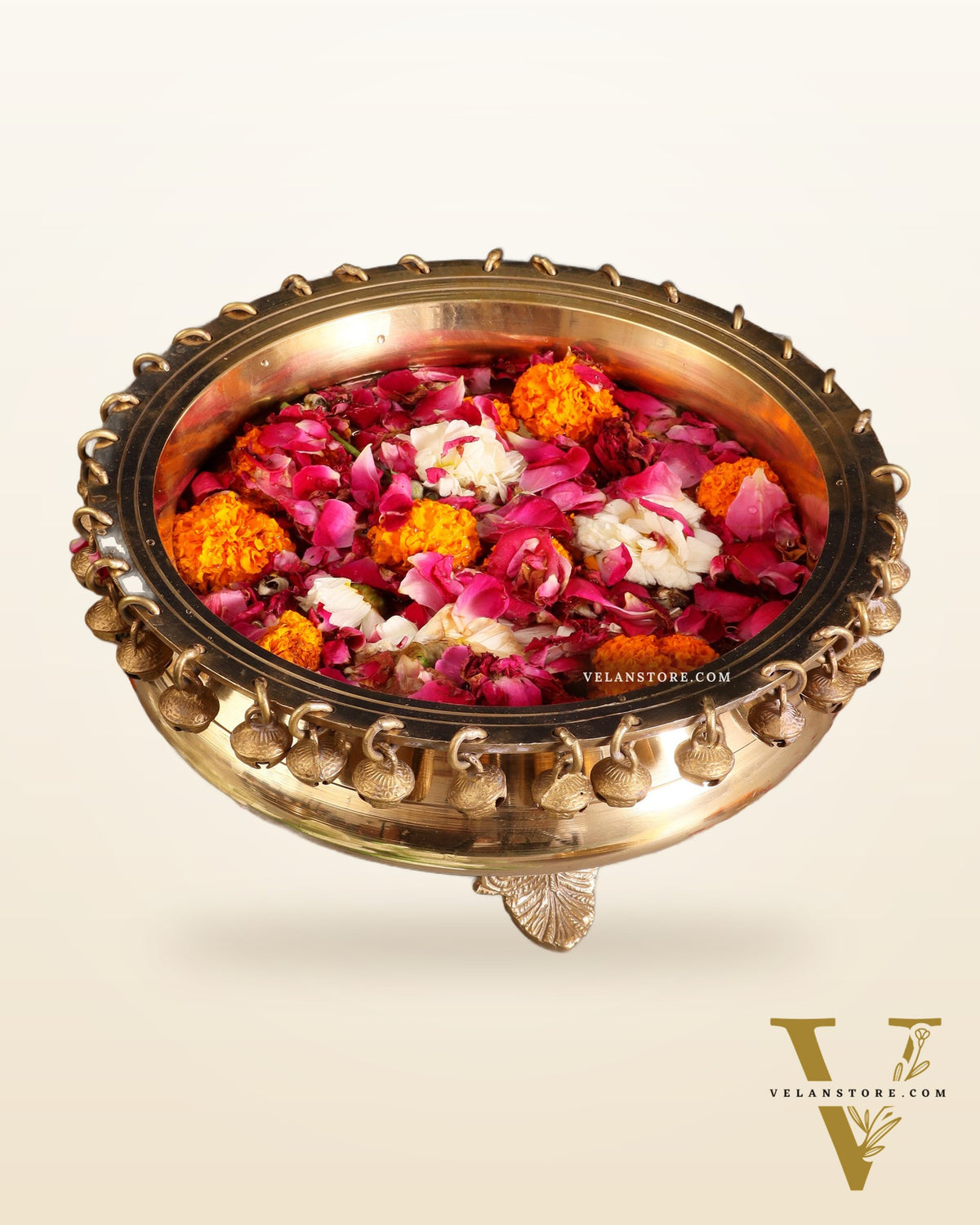 Pure Brass Urli with Stand and Ghunghroos – 10" x 10" | Traditional Décor |