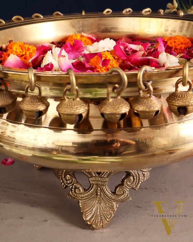 Pure Brass Urli with Stand and Ghunghroos – 10" x 10" | Traditional Décor |