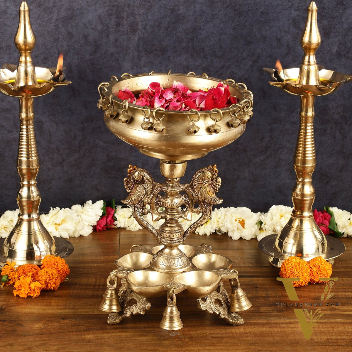 Pure Brass Urli with Stand Diyas | 13 Inch