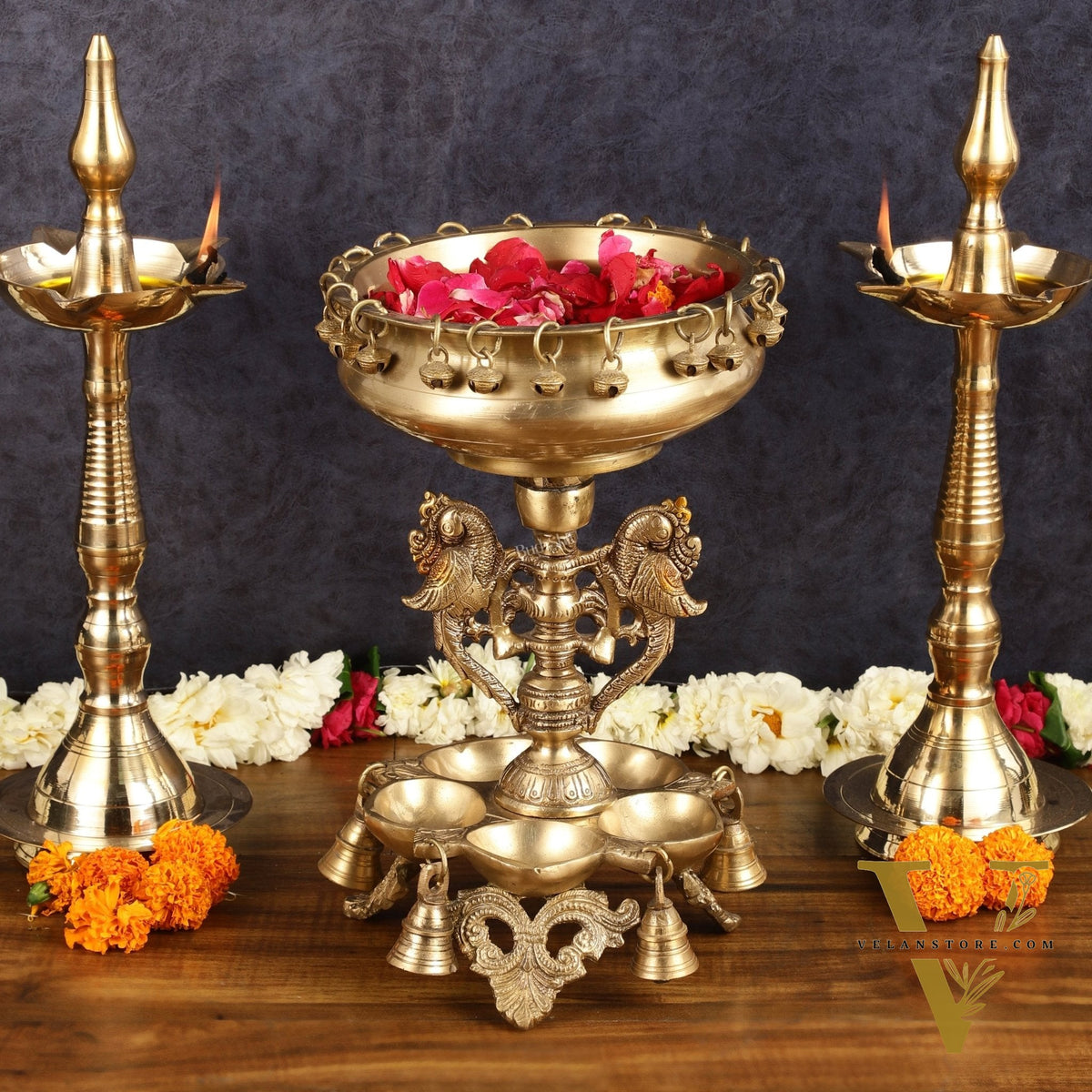 Pure Brass Urli with Stand Diyas | 13 Inch