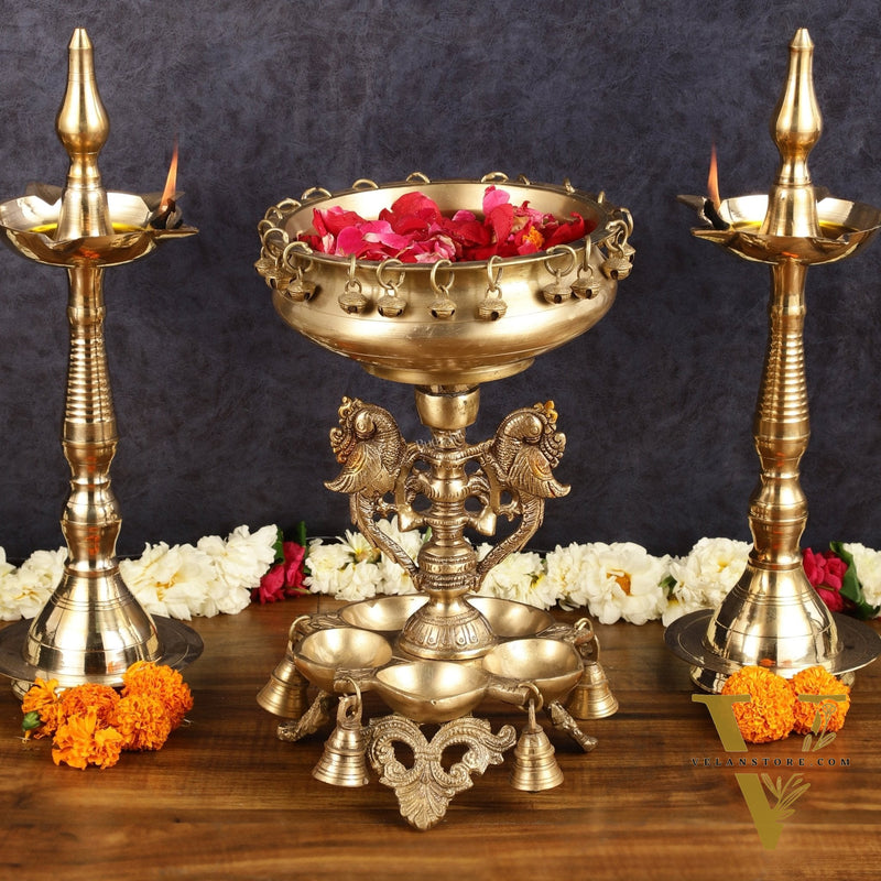 Pure Brass Urli with Stand Diyas | 13 Inch