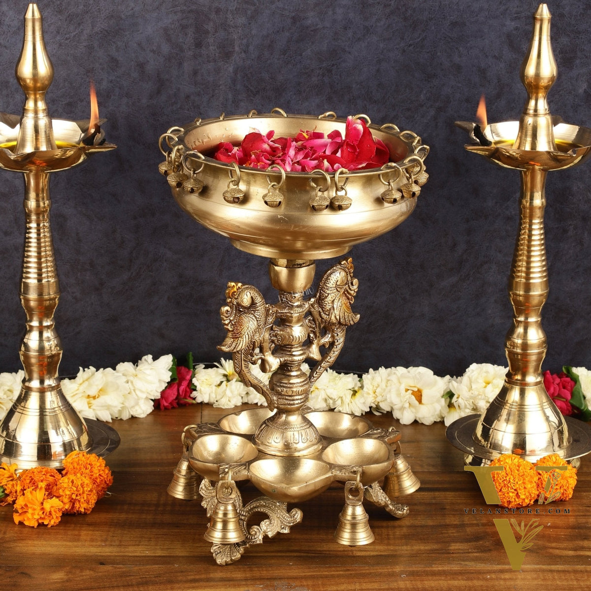 Pure Brass Urli with Stand Diyas | 13 Inch