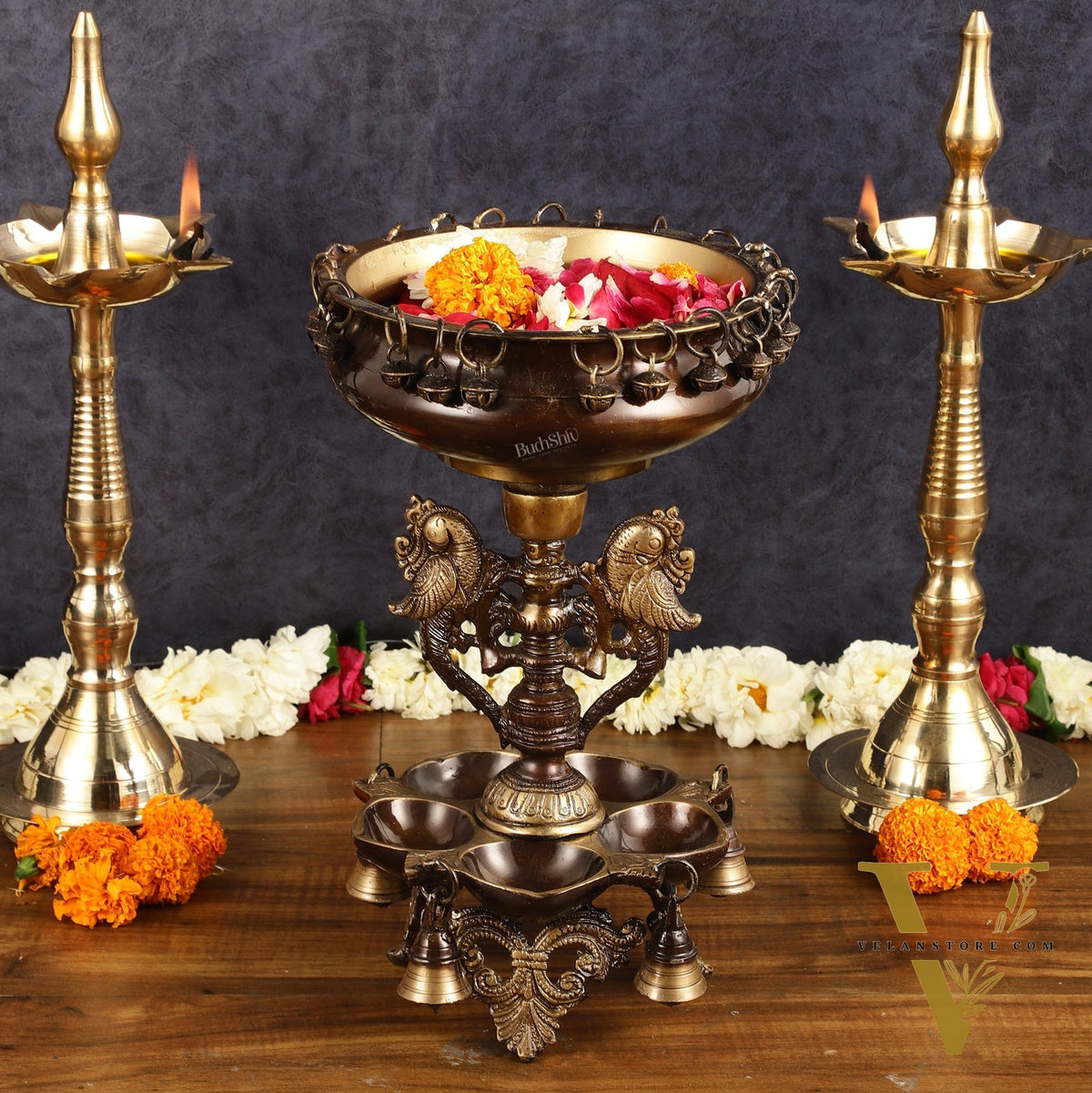 Pure Brass Urli with Stand Diyas - Antique Finish | 13 Inch