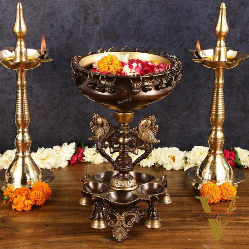 Pure Brass Urli with Stand Diyas - Antique Finish | 13 Inch
