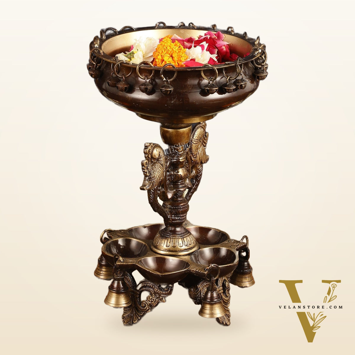 Pure Brass Urli with Stand Diyas - Antique Finish | 13 Inch