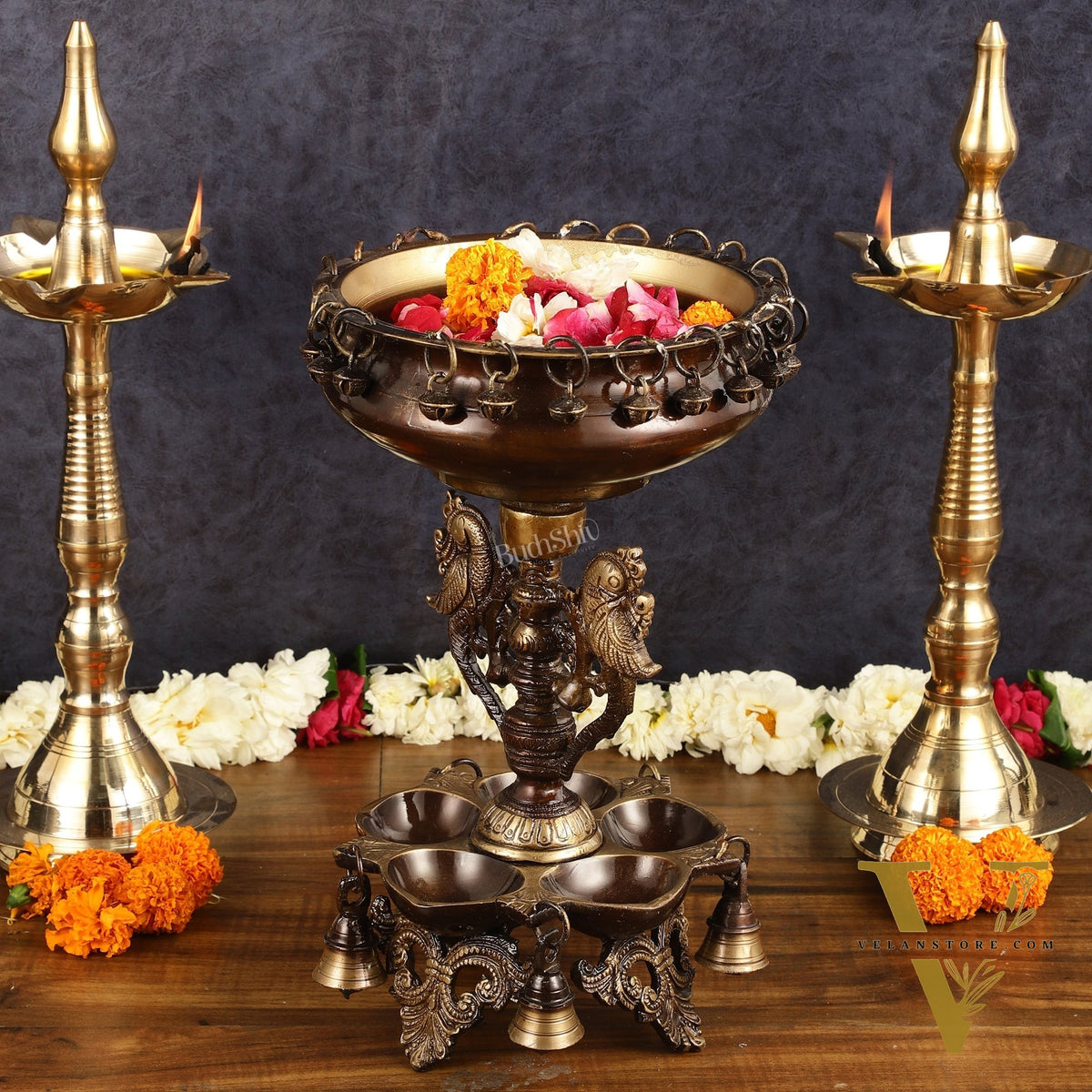 Pure Brass Urli with Stand Diyas - Antique Finish | 13 Inch