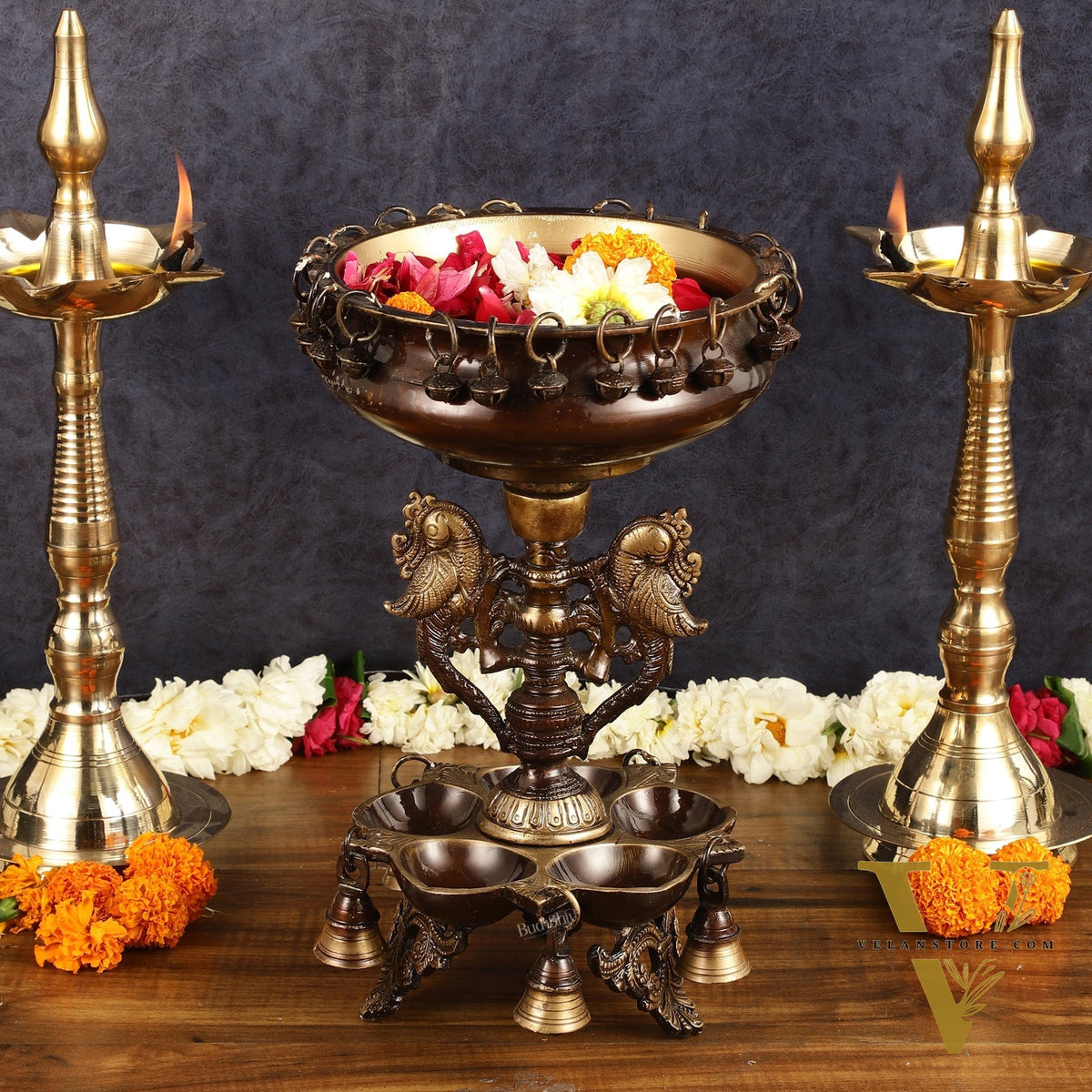 Pure Brass Urli with Stand Diyas - Antique Finish | 13 Inch