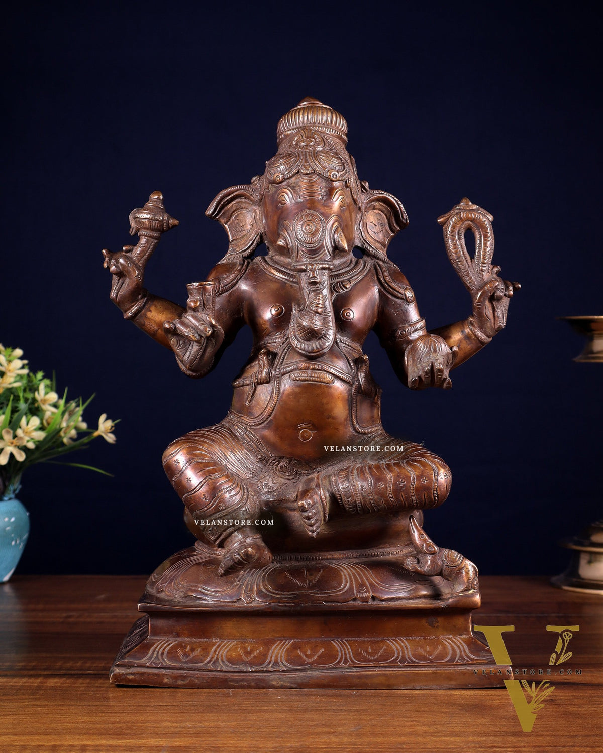 Pure Brass Valampuri Ganesha with Right Trunk – Chola Style, 12 Inch