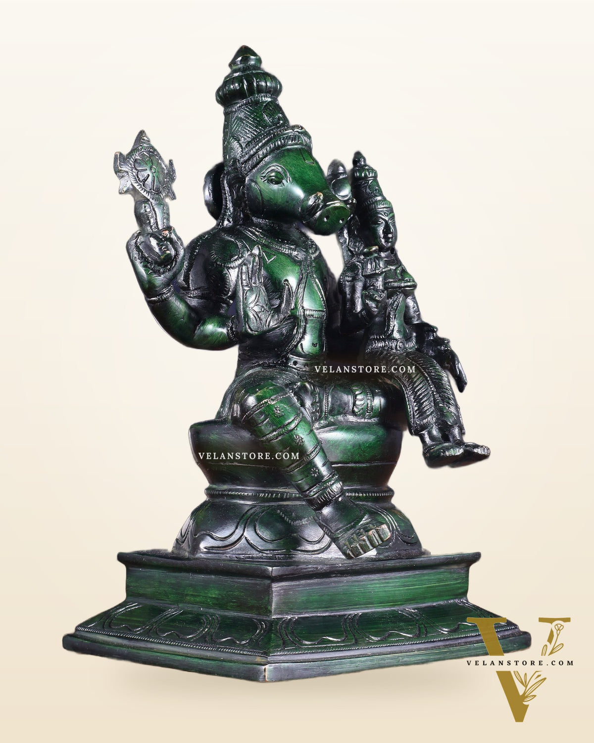 Pure Brass Varaha Lakshmi Statue – Agate green Tone 9.5"