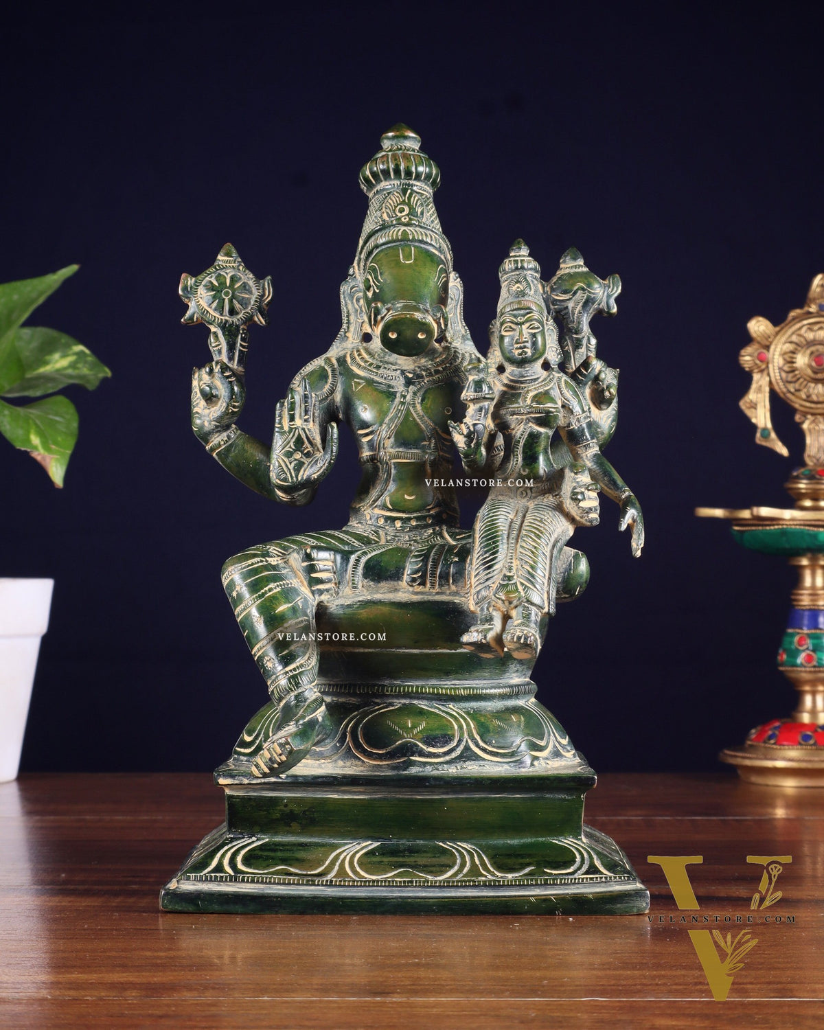 Pure Brass Varaha Lakshmi Statue – Antique Green Tone 9.5"