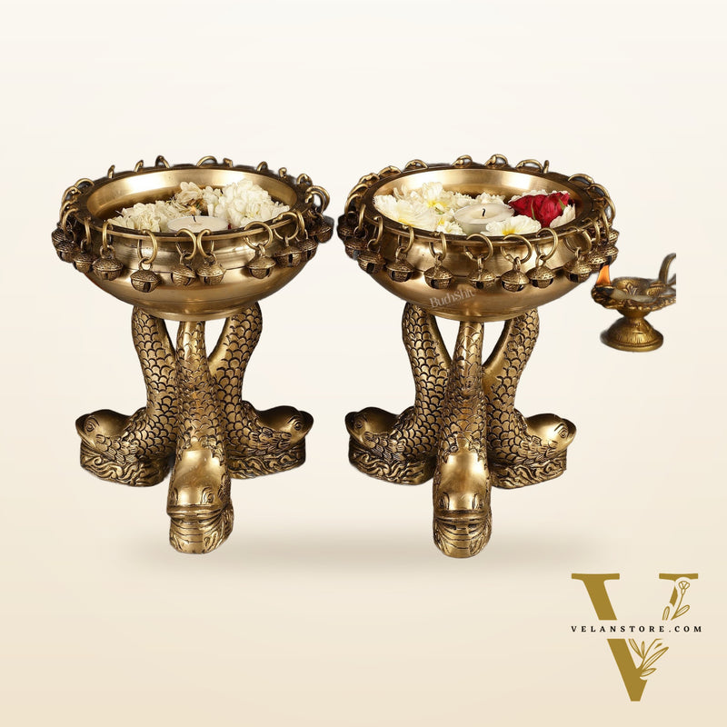 Pure Brass Vastu Urli with Fish Legs pair  - Set of two 8"