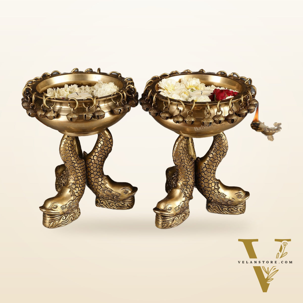 Pure Brass Vastu Urli with Fish Legs pair  - Set of two 8"