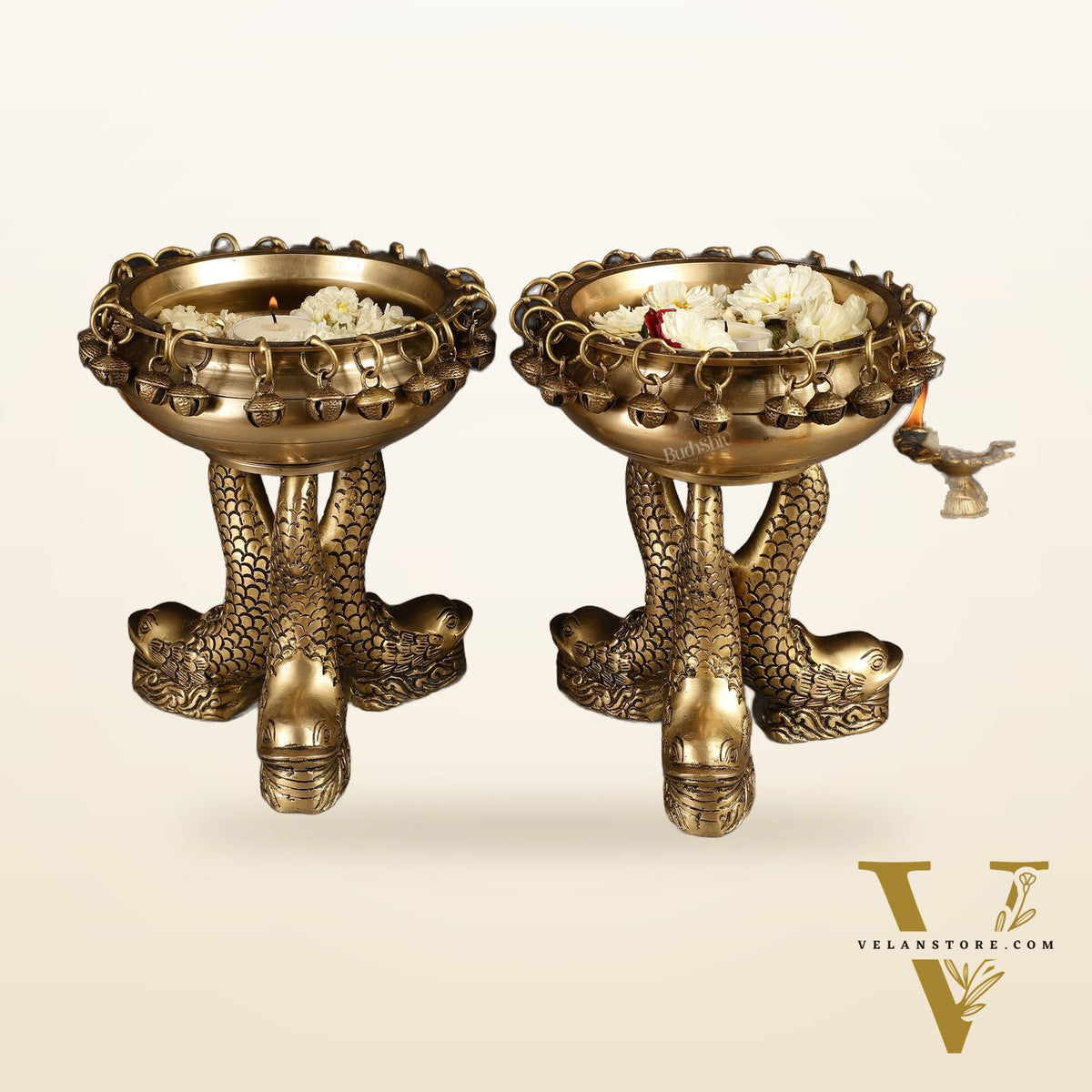Pure Brass Vastu Urli with Fish Legs pair  - Set of two 8"