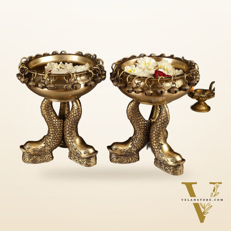 Pure Brass Vastu Urli with Fish Legs pair  - Set of two 8"