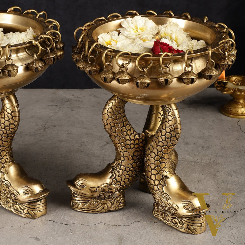 Pure Brass Vastu Urli with Fish Legs pair  - Set of two 8"