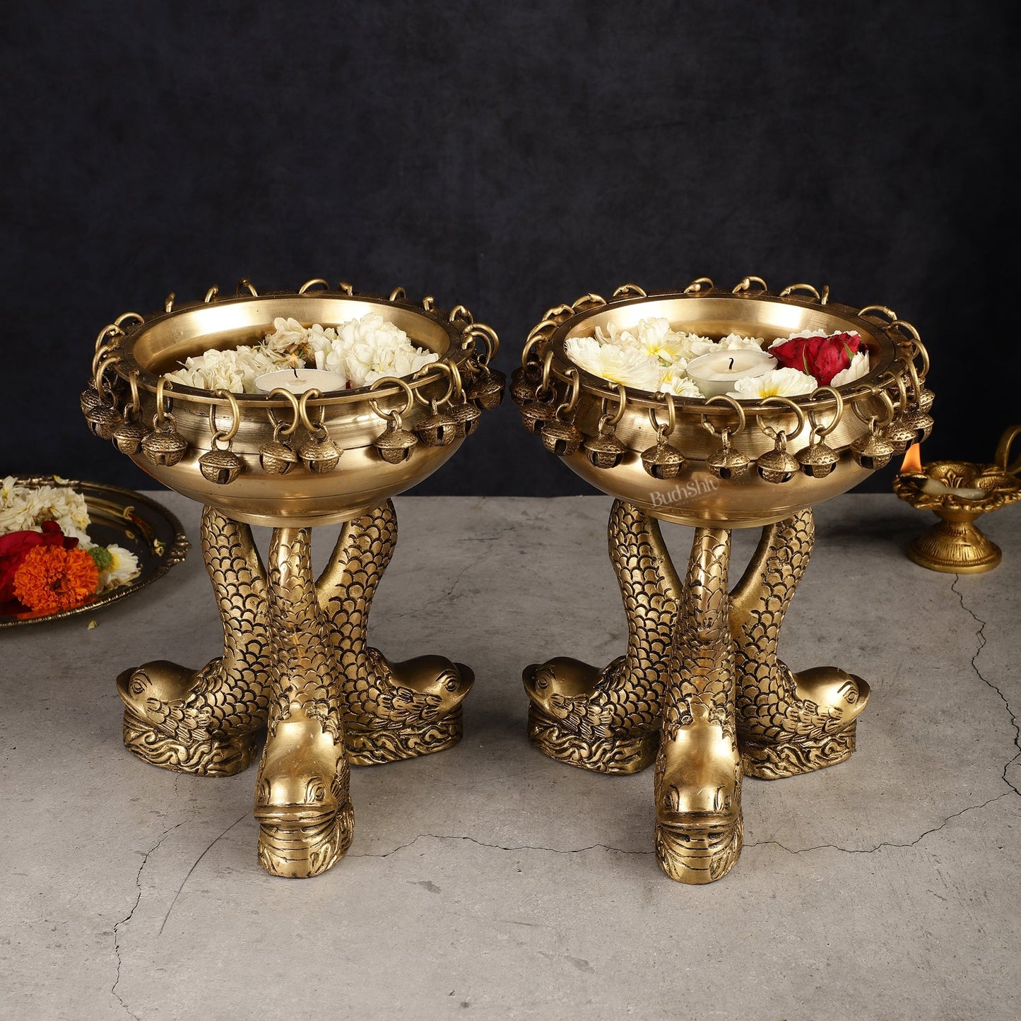 Pure Brass Vastu Urli with Fish Legs pair  - Set of two 8"